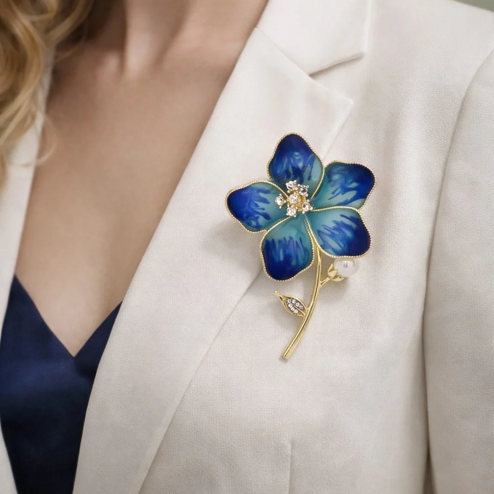 Blue Floral Gold Brooch